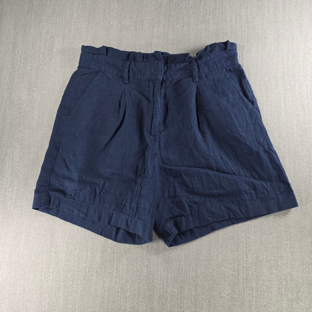 Crown & Ivy Linen Blend Shorts Womens 8 Navy Blue Paperbag Waist Pleated